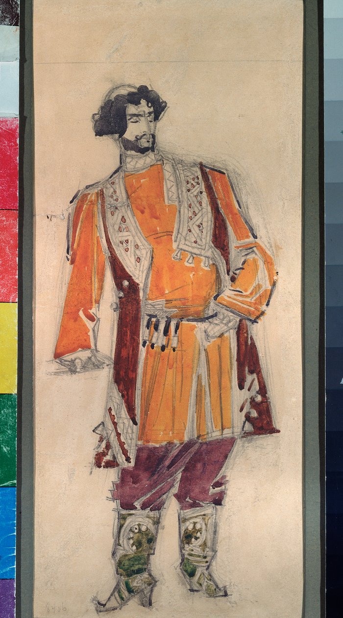 Traje preparatorio masculino para la ópera "La novia del zar" de Nicholas (Nikolai) Rimsky Korsakov (Rimsky-Korsakov) (1844-1908) (Diseño de vestuario para la ópera La novia del zar de N Rimsky Korsakov (Rimsky ).-Korsakov) - Obra de Mikhail Alexander de Mikhail Aleksandrovich Vrubel