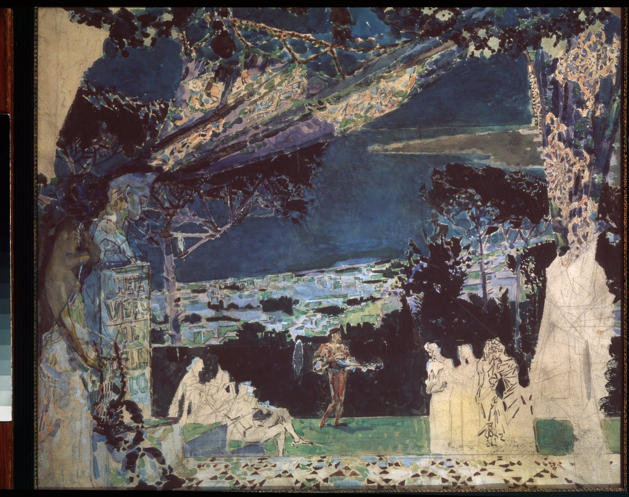 Italie, nuit a Naples - Proyecto para el telón del Teatro Privado Ruso (Italia, Noche en Nápoles, Diseño de telón para el Teatro Privado Ruso) - Obra de Mikhail Alexandrovich Vrubel (Vroubel) (1856-1910), lápiz y acuarela sobre papel de Mikhail Aleksandrovich Vrubel