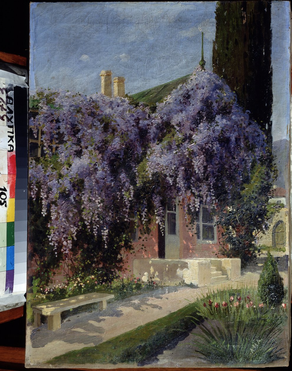 Une maison entrelacee de glycines (Una casa entrelazada con glicinas). Pintura de Mikhail Alexandrovich Alisov (1859-1933). Huile sur toile, 62,3 x 44,4 cm. Ecole russe debut 20e siecle. Museo de Arquitectura y Arte, Alupka, Ucrania. ©FineArtImage/Leemage de Mikhail Alexandrovich Alisov