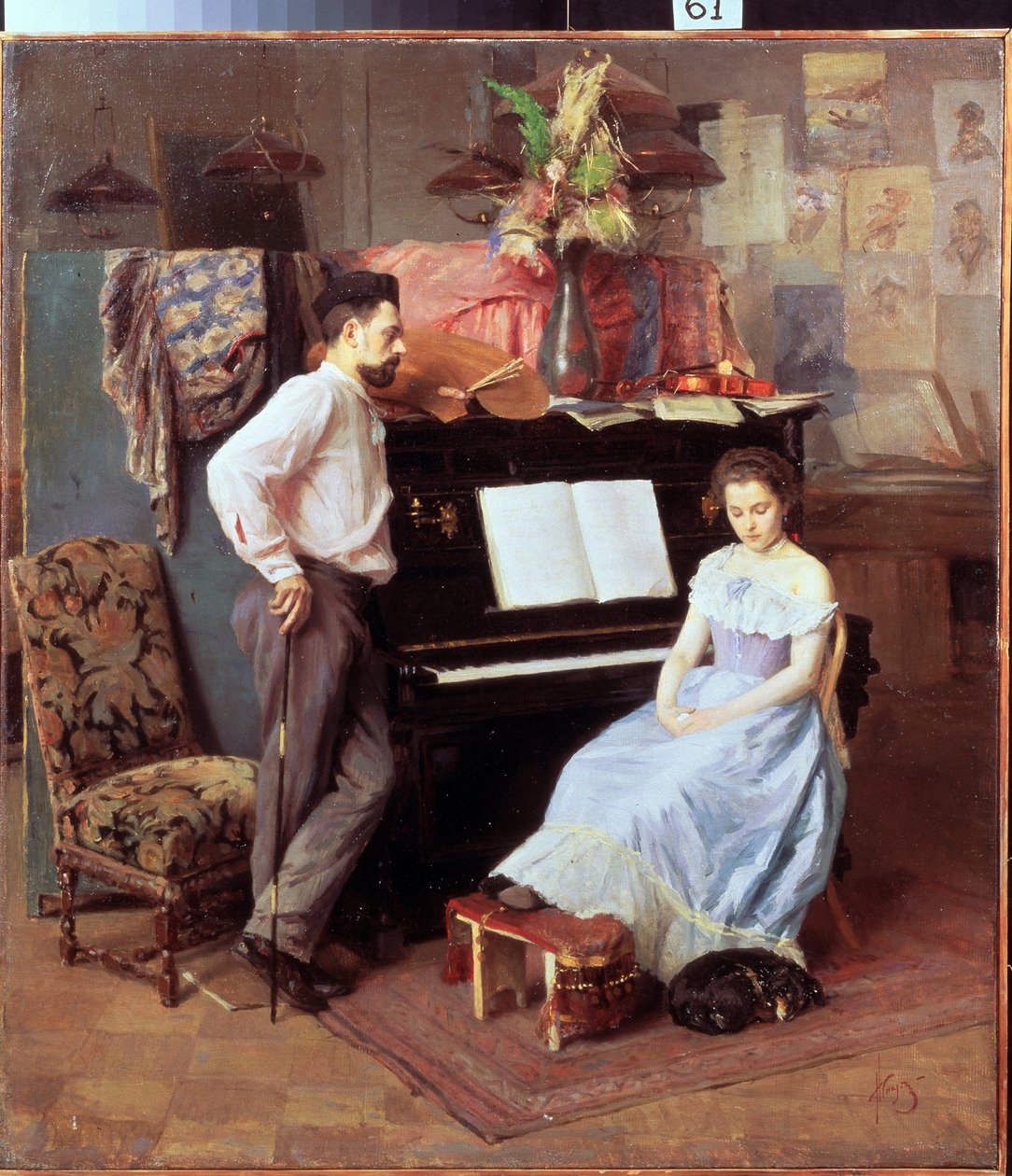 "El artista y su esposa" La joven con los ojos bajos se sienta al piano mientras su marido mira. Pintura de Mikhail Ignatiev (1870-1934) 1900 aproximadamente Galería de Arte Regional, Vologda de Mikhail Ignatiev