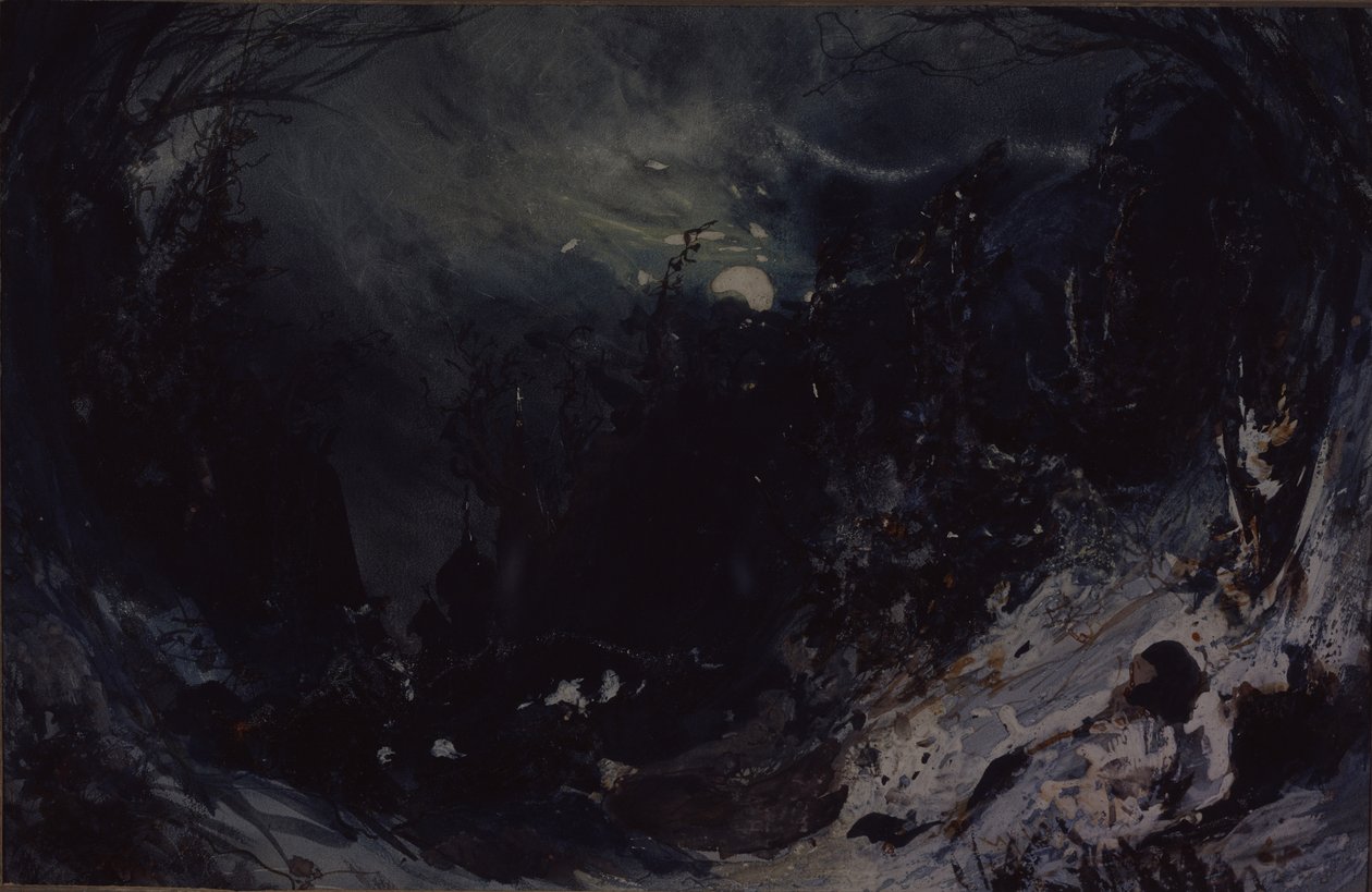 Diseño escénico para la ópera El poder del demonio de A. Serov, 1871 de Mikhail Ilyich Bocharov