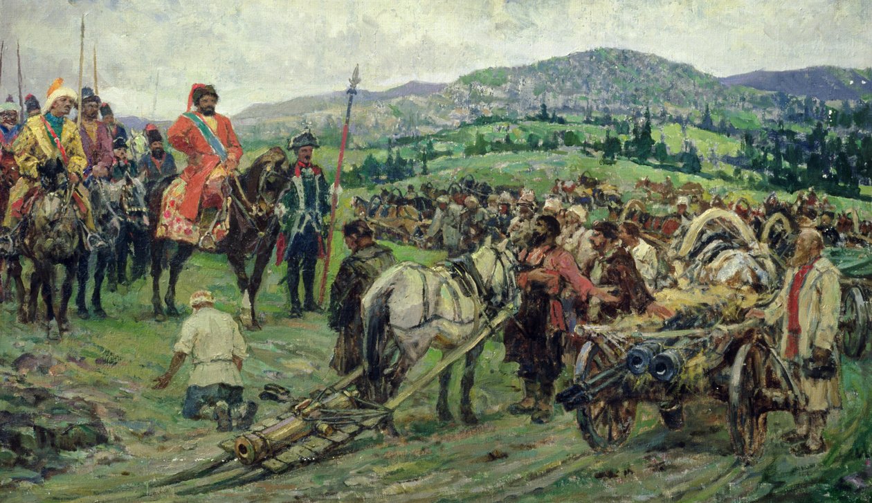 Asistiendo al líder de la revuelta campesina, Emelyan Pugachev, en los Urales (óleo sobre lienzo) de Mikhail Ivanovich Avilov