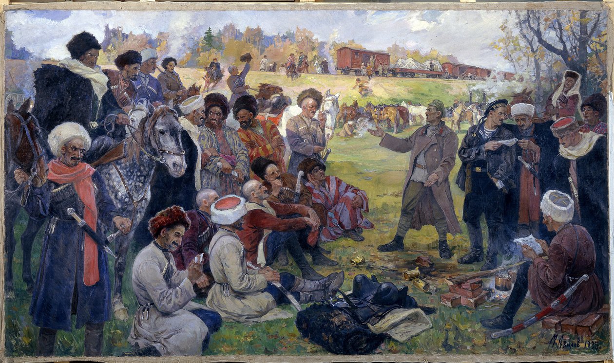 Los agitadores bolcheviques en la división salvaje del general Kornilov cerca de Gatchina en agosto de 1917. de Mikhail Ivanovich Avilov