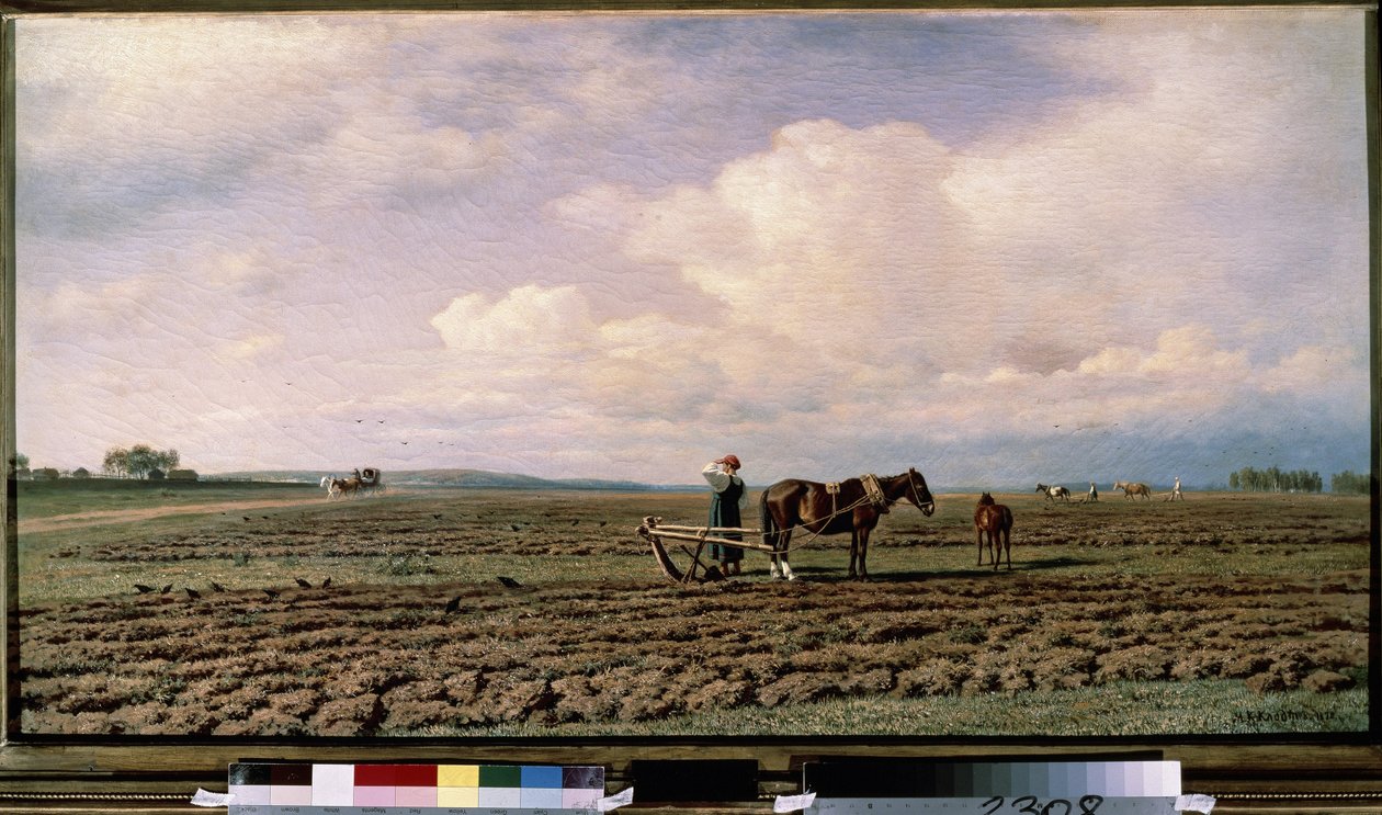 En el campo (En el campo). Descripción de un paisaje de tierra arada, con campesinos y sus arados tirados por caballos, a lo lejos una yunta avanza por un camino de terracería. Pintura de Mikhail Konstantinovich Klodt (1832-1902), óleo sobre lienzo de Mikhail Konstantinovich Klodt