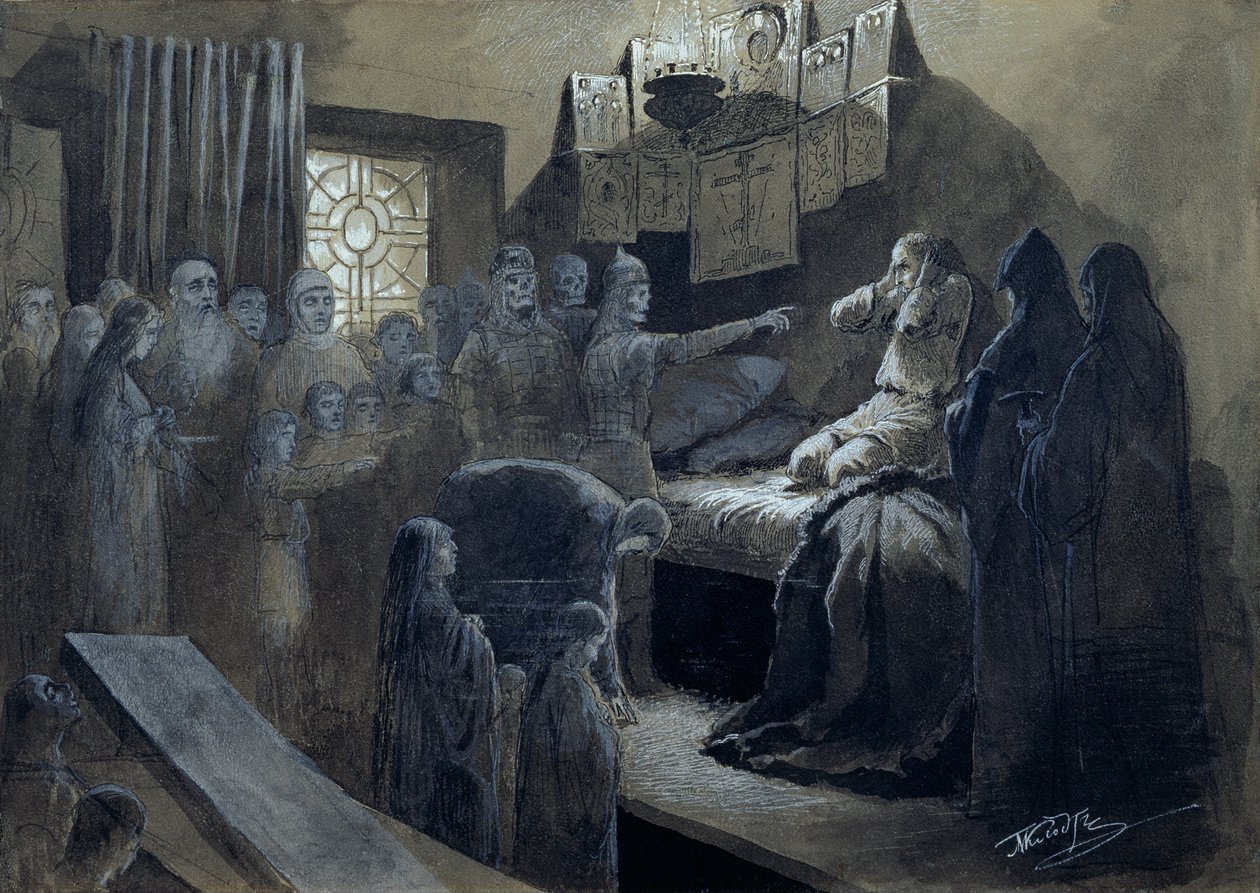 Iván IV (1530-84) el Terrible visitado por los fantasmas de aquellos que asesinó (pluma y tinta con gouache sobre papel) de Mikhail Konstantinovich Klodt
