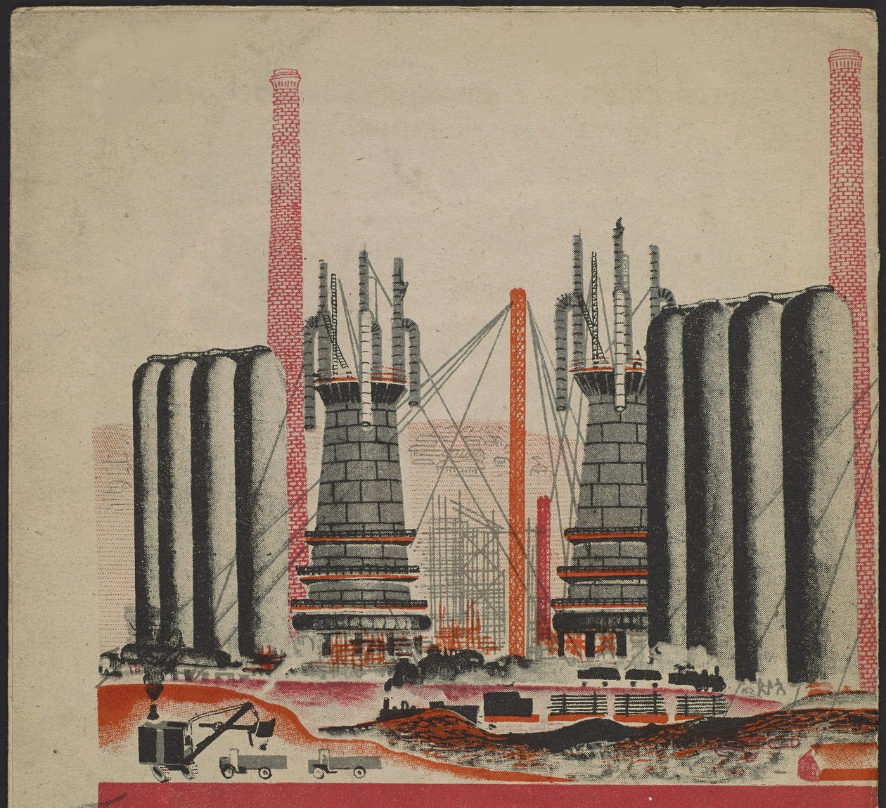 Illustration du livre pour enfants "Combinat metallurgique Kuznets : un geant socialiste" - Ilustración para el libro infantil "Combinado metalúrgico Kuznets: Un gigante socialista", de Gurevich, Mikhail Lvovich (1904-1943). Litografía en color de Mikhail Lvovich Gurevich