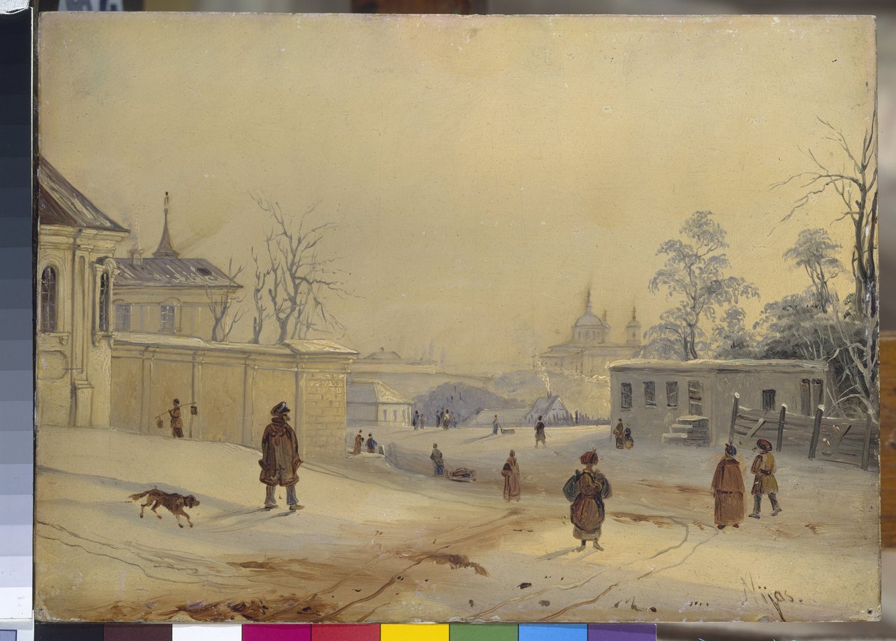 Colline de Vladimir a Kiev (Colina de Vladimir (Vladimirskaya Gorka) en Kiev). Paysage sous la neige. Oeuvre de Mikhail Makarovich Sazhin (1818- 1887), huile sur carton. Arte ruso del siglo XIX. Museo Estatal Ruso, San Petersburgo de Mikhail Makarovich Sazhin