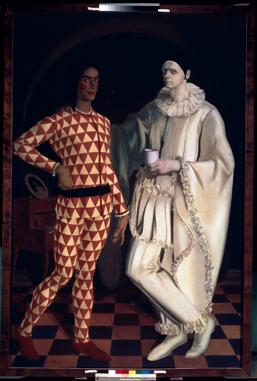 Arlequín y Pierrot (Autorretratos, con trajes de la Comedia dell Arte) - Arlequín y Pierrot (Autorretratos) - Pintura de Alexander Yevgenyevich Yakovlev (Alexander Yacovleff) (1887-1938), óleo sobre lienzo de Mikhail Nikolayevich Yakovlev