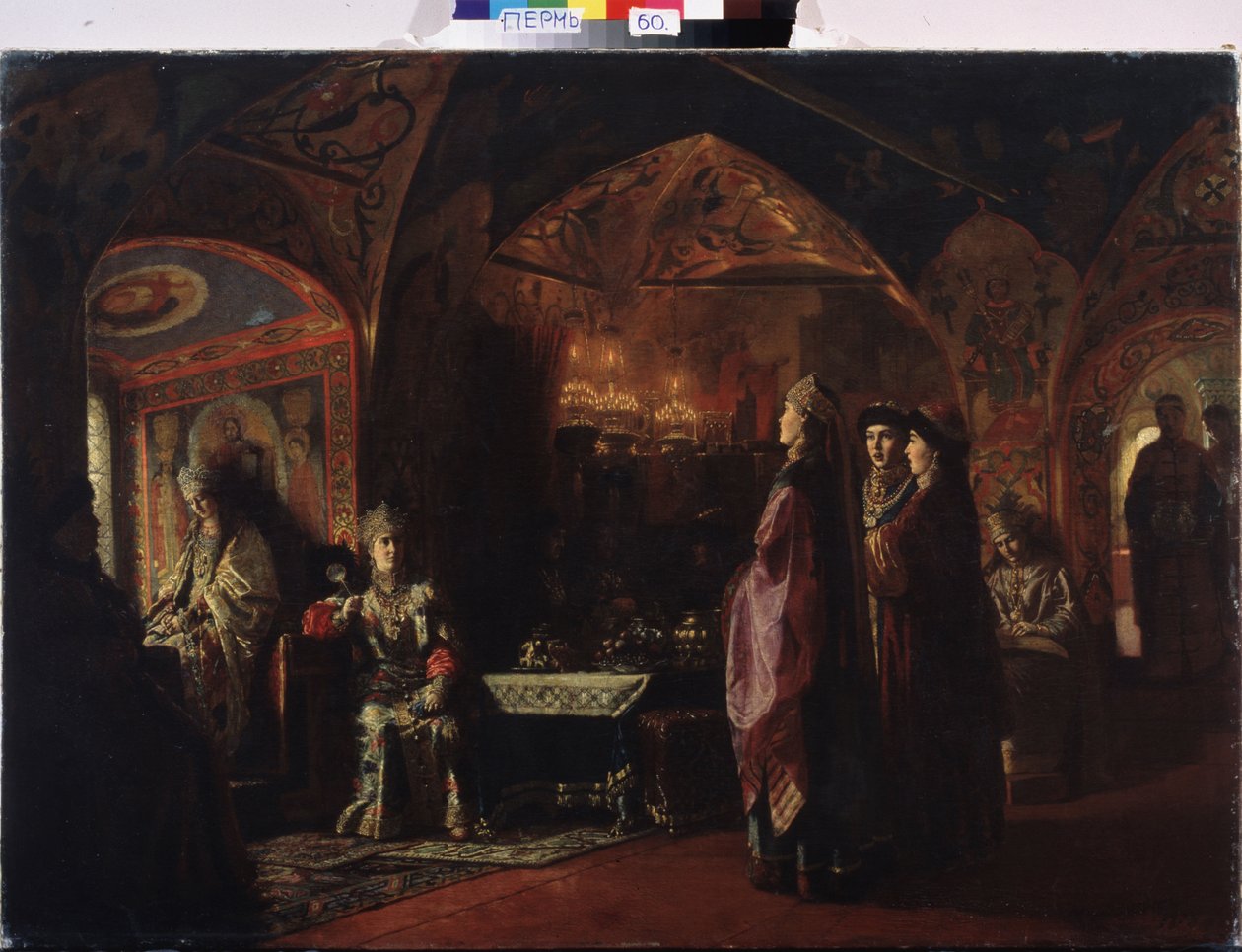 La Vivienda de la Zarina (La Vivienda de Tsarevna). Composición sobre el tema de la antigua Rusia, traje tradicional y decoración del principado de Moscú. Pintura del barón Mikhail Petrovich Klodt (1835-1914), óleo sobre lienzo de Mikhail Petrovich Klodt