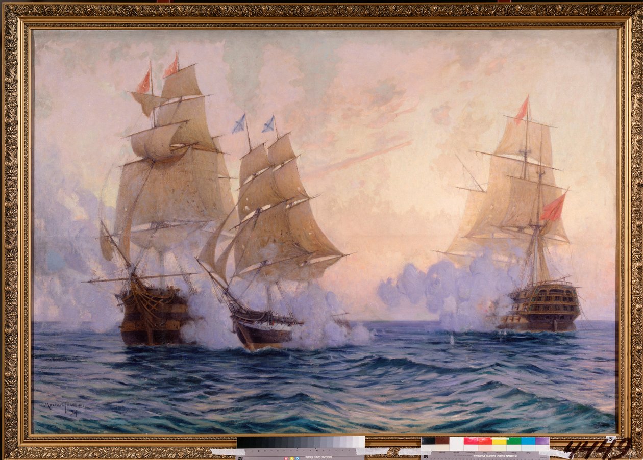 El bergantín Mercury luchando contra dos barcos turcos, 14 de mayo de 1829 (Episodio de la Guerra Ruso-Turca) de Mikhail Stepanovich Tkatchenko