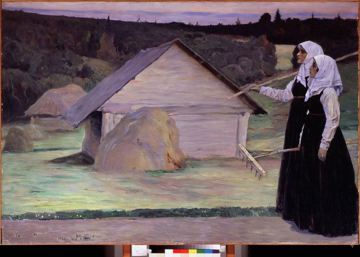 Ete (verano). Dos mujeres, con sus rastrillos, al atardecer, después de trabajar en el campo, pasan por delante de pajares y cabañas de madera. Pintura de Mikhail Vasilyevich Nesterov (1862-1942), óleo sobre lienzo de Mikhail Vasilievich Nesterov