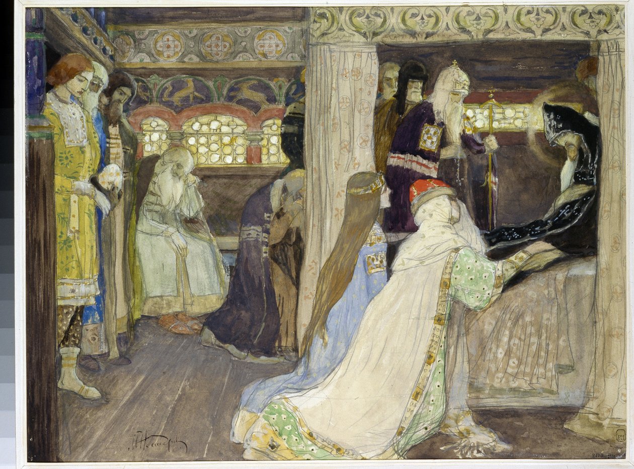 La mort du grand duc Alexandre Nevski (1220-1263). (La muerte del Gran Duque Alejandro Nevski). Obra de Mikhail Vasilyevich Nesterov (1862-1942), acuarela y gouache sobre papel de Mikhail Vasilievich Nesterov