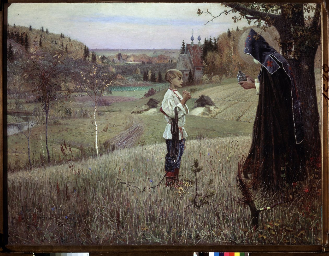La visión del joven Bartolomé. (La visión del joven Bartolomé). El encuentro entre un monje y el joven ruso Bartolomé (más tarde San Sergio de Radonege o Sergii Radonezhsky o Sergey Radonezhsky o Sergio de Radonezh, ca. 1313-1392). Pintado de Mikhail Vasilievich Nesterov