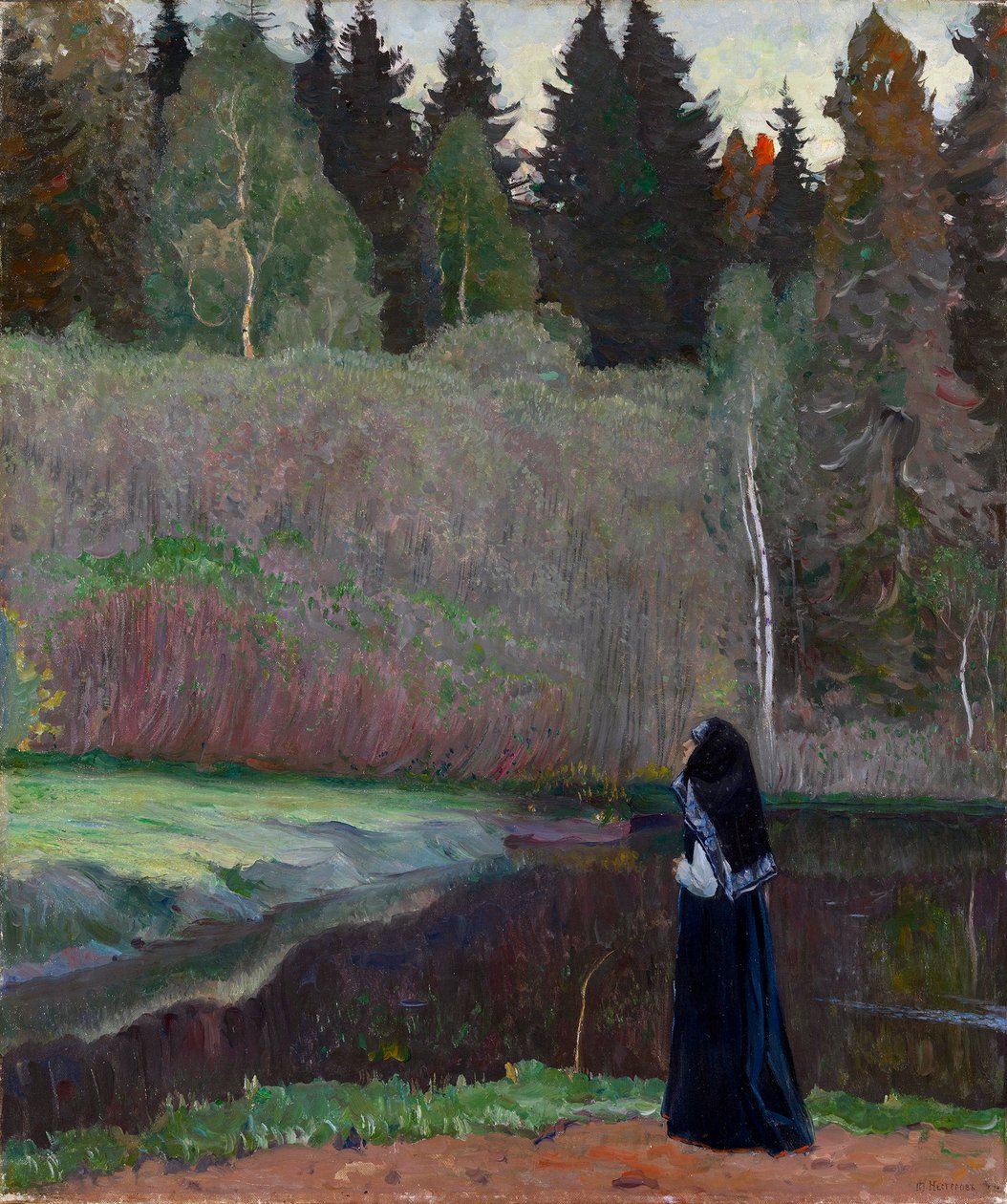 ""Le chant du rossignol"" (El ruiseñor está cantando) Una monja escuchando el canto de los pájaros - Pintura de Mikhail Vasilyevich Nesterov (1862-1942) 1918 Dim 81x68,5 cm Colección privada de Mikhail Vasilievich Nesterov
