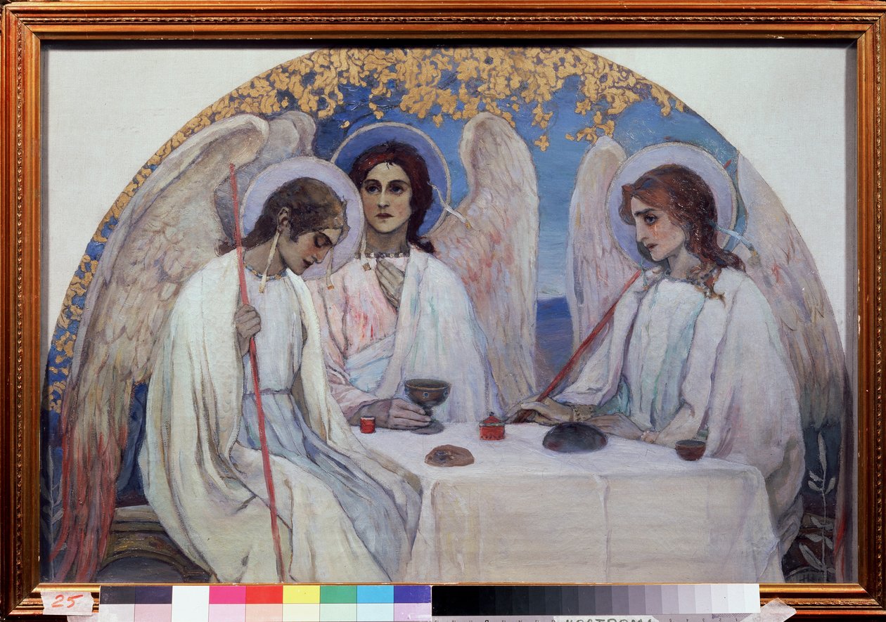 La hospitalidad de Abraham. La Trinidad del Antiguo Testamento. Representación de los tres ángeles que se aparecieron a Abraham cerca de la Encina de Mambre. (La hospitalidad de Abraham (Trinidad del Antiguo Testamento). Pintura de Mikhail Vasilyevich Nest de Mikhail Vasilievich Nesterov