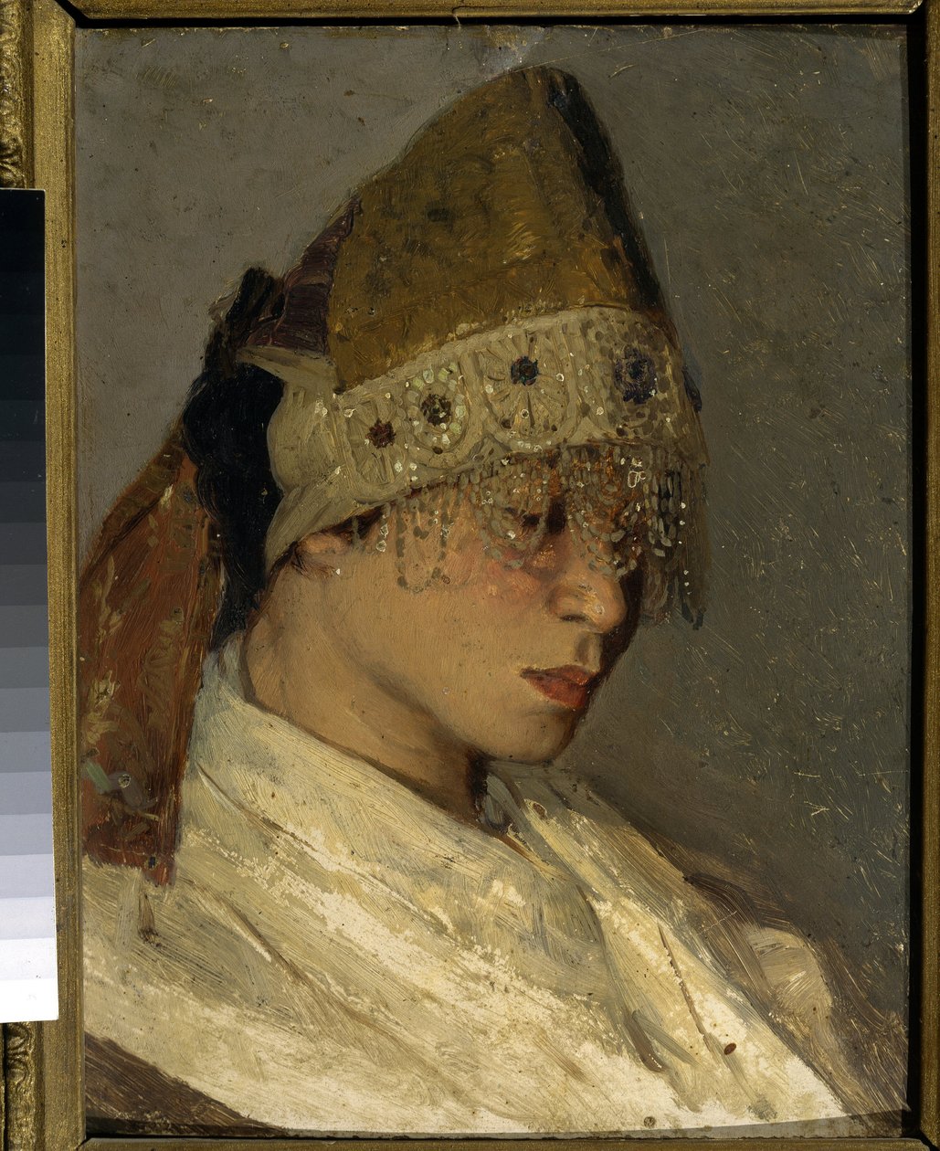 Una chica que lleva un Kokochnik (una chica con Kokoshnik). Tocado alto tradicional de las mujeres rusas, atado en la espalda con cintas, la parte delantera está decorada con cuentas y bordados. Pintura de Mikhail Vasilyevich Nesterov (1862-1942), óleo sob de Mikhail Vasilievich Nesterov