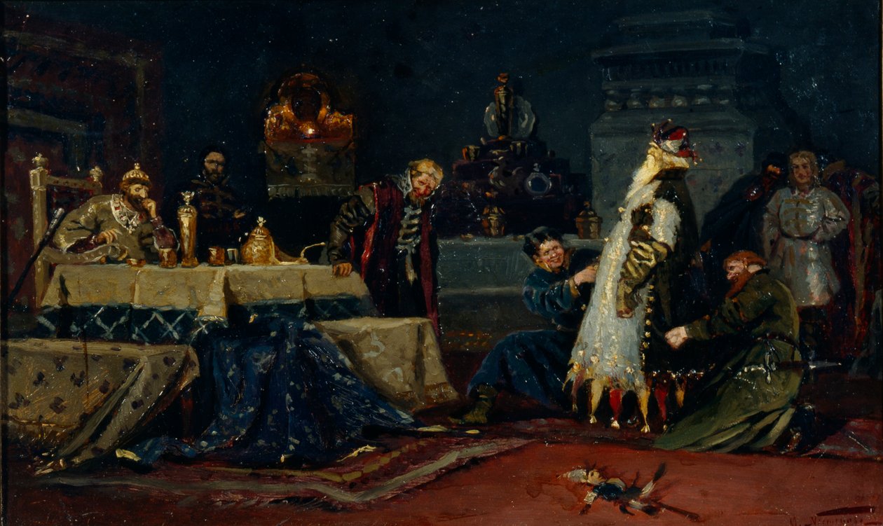 Abrigo de tontos. Boyar Druzhina Andreyevich Morozov ante Iván el Terrible, 1885 de Mikhail Vasilievich Nesterov