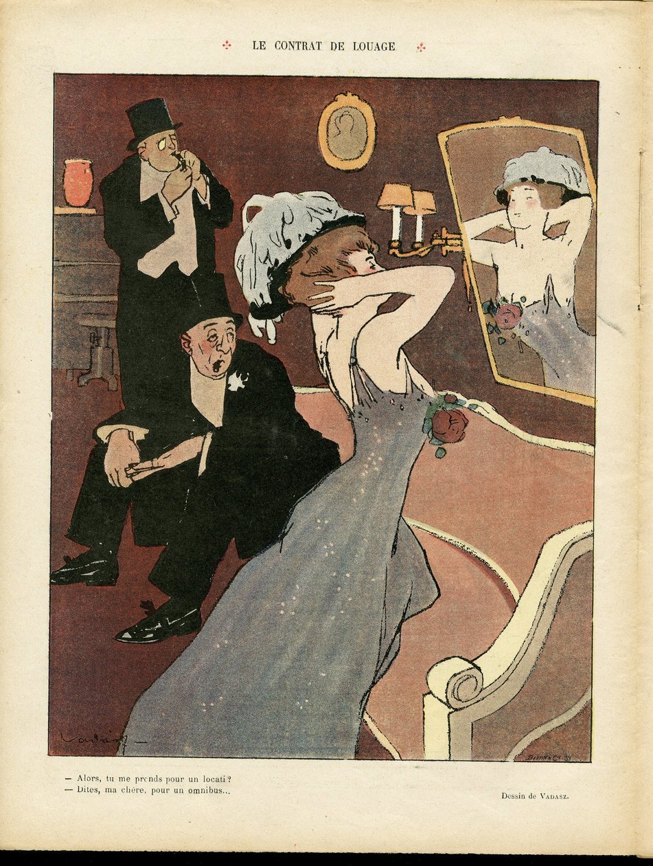 Ilustración de Miklos Vadasz (1884-1927) en Le Rire, 03/07/08 - El contrato de alquiler - Prostitución, Arquitectura interna de Miklós Vadász