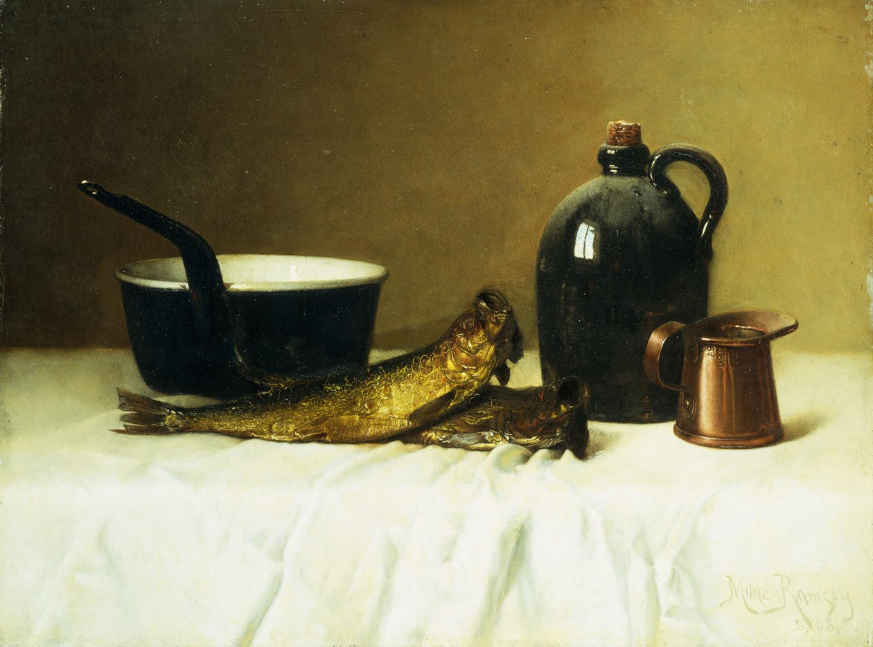 Bodegón con arenque, olla, jarra y medida, 1908 de Milne Ramsey