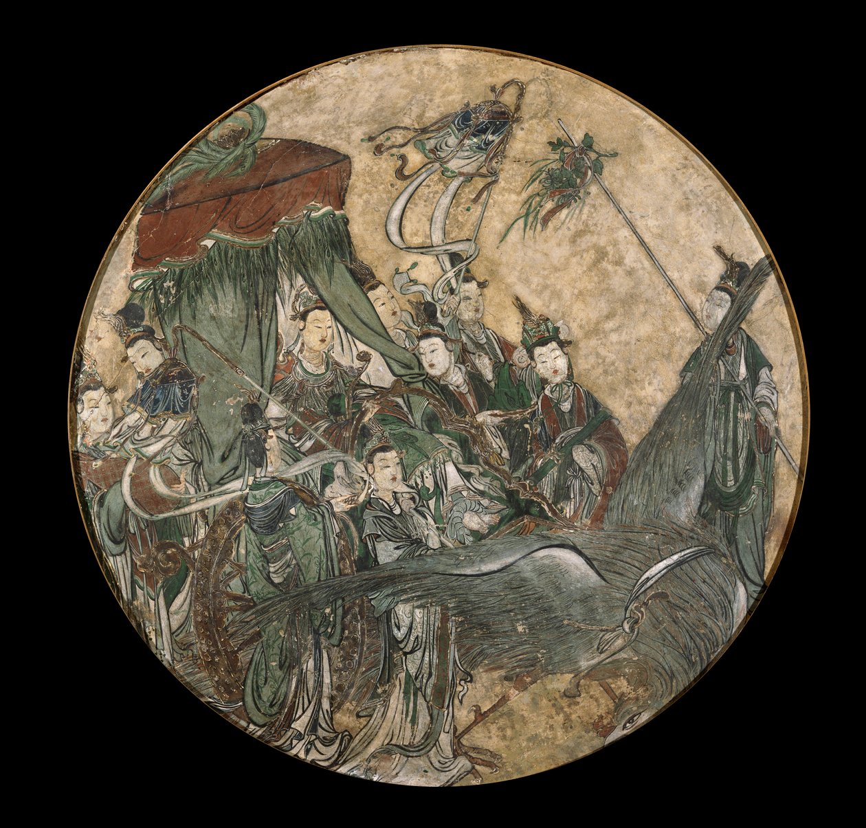 Fresco policromado que representa a una dignataria femenina sosteniendo un cetro Ruyi mientras está sentada en un carro tirado por un fénix de Ming Dynasty Chinese School