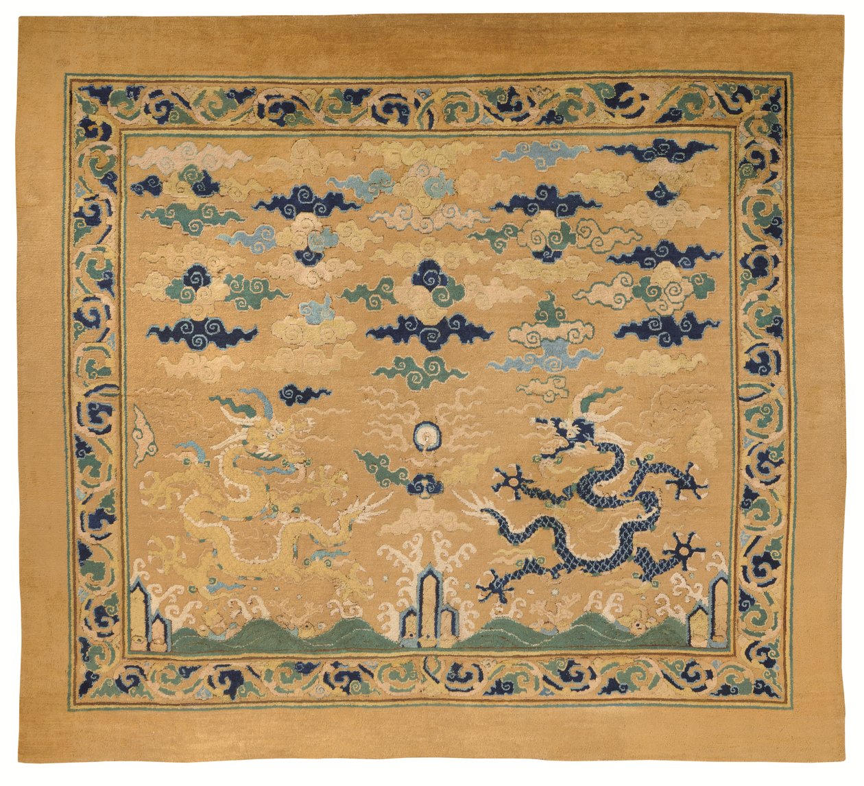 Rara y magnífica alfombra imperial "Dragón" para trono de Ming Dynasty Chinese School
