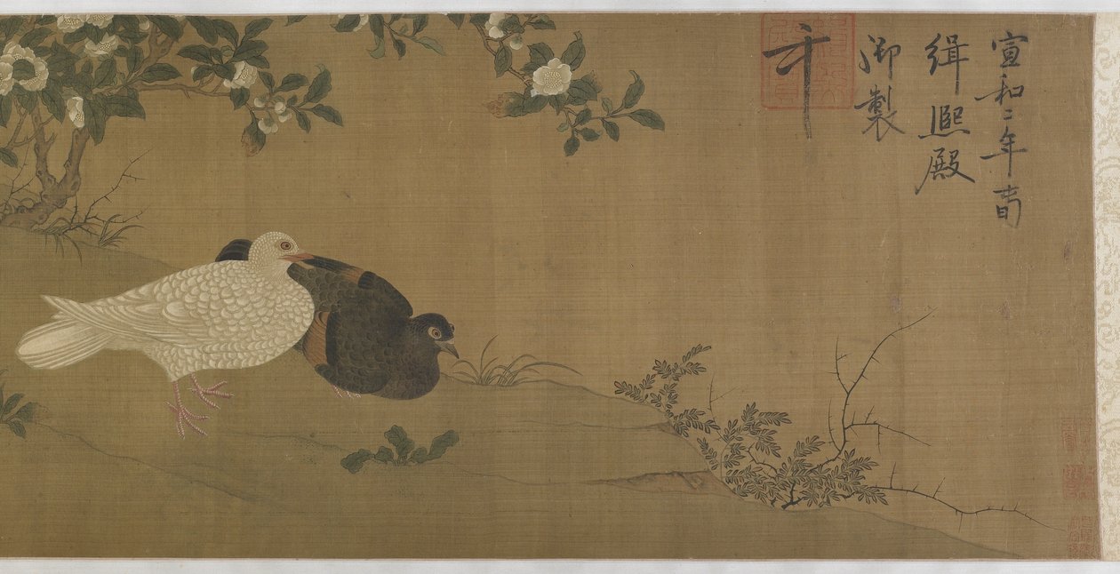 Camelias, palomas y aves cantoras de Ming Dynasty Chinese School