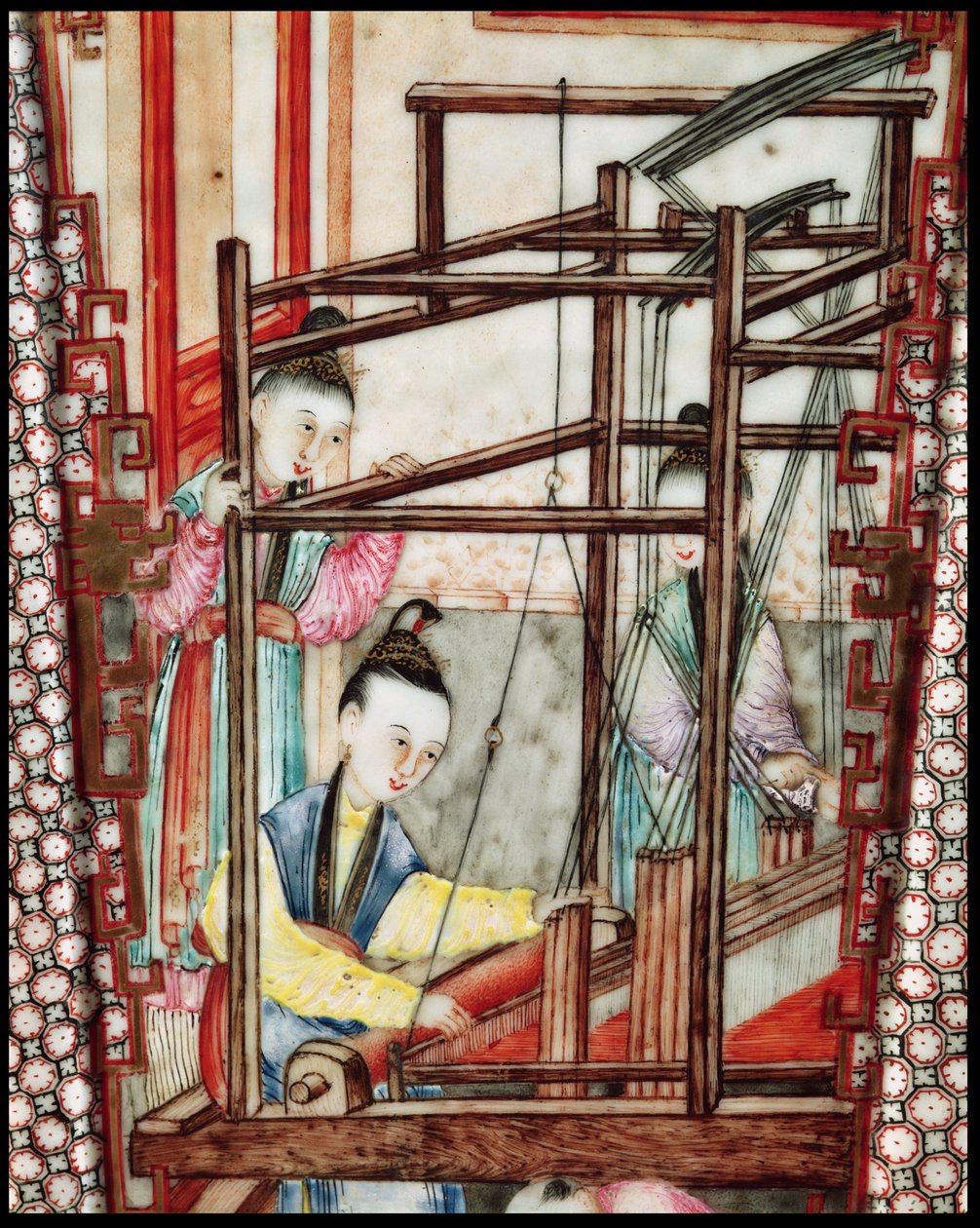 Detalle de un jarrón que representa el tejido de seda de Ming Dynasty Chinese School