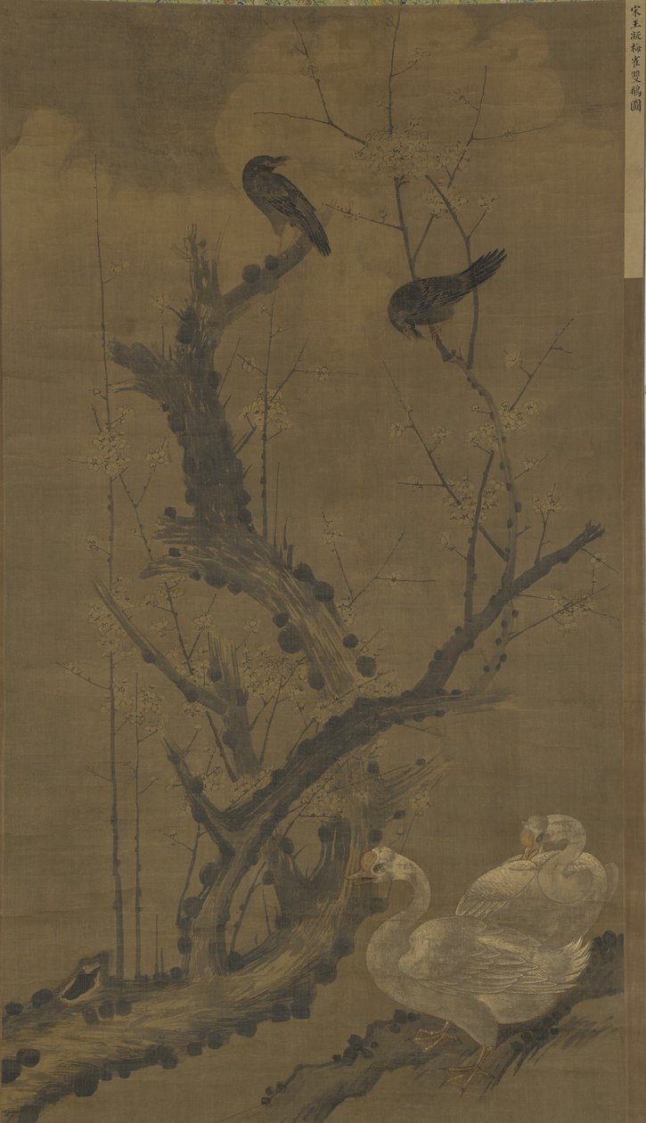 Minás, gansos y ciruelo en flor de Ming Dynasty Chinese School