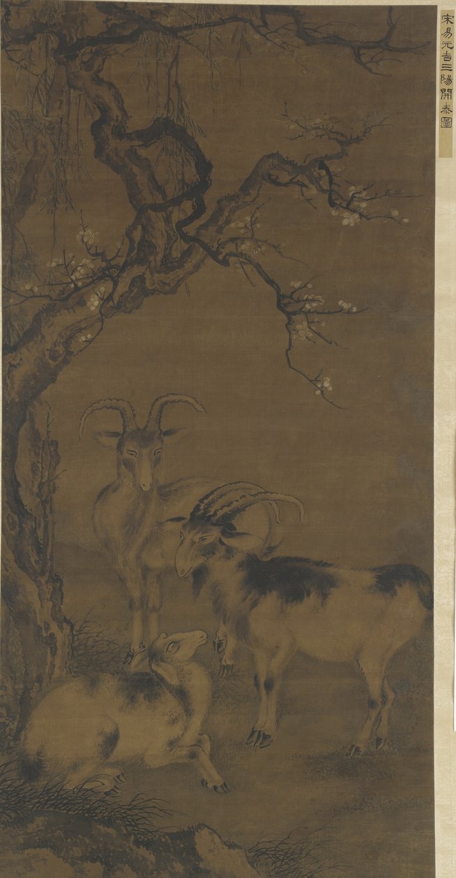 Tres cabras bajo un ciruelo en flor de Ming Dynasty Chinese School