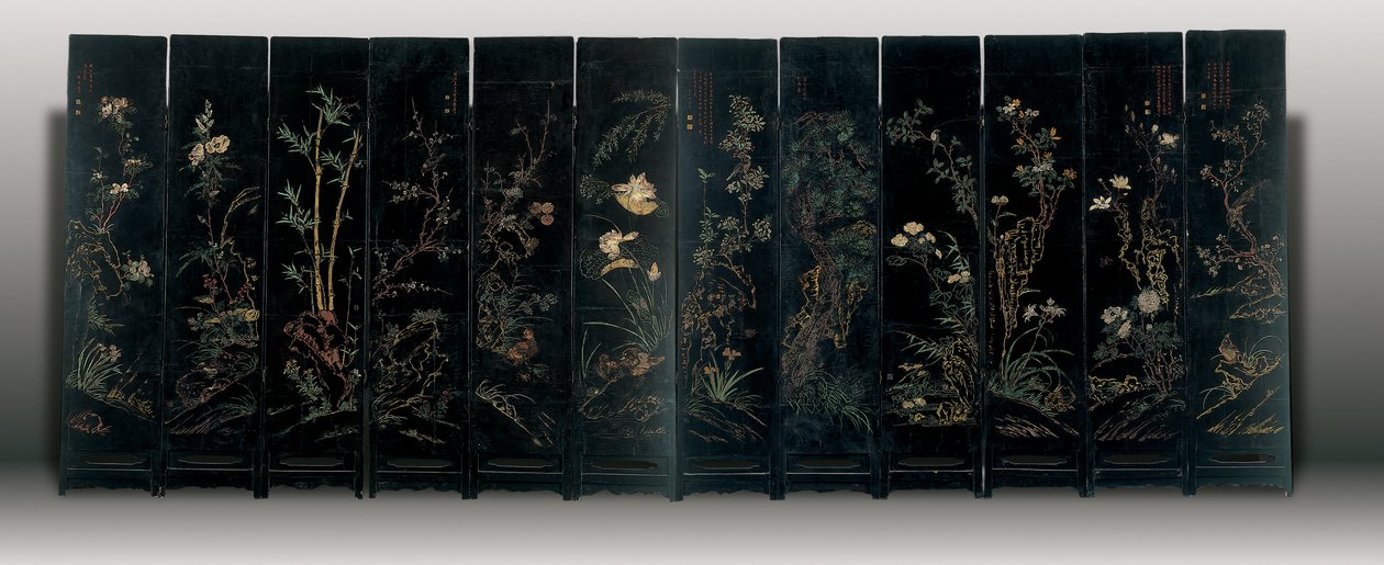 Biombo de Coromandel de Doce Paneles, Weiping de Ming Dynasty Chinese School