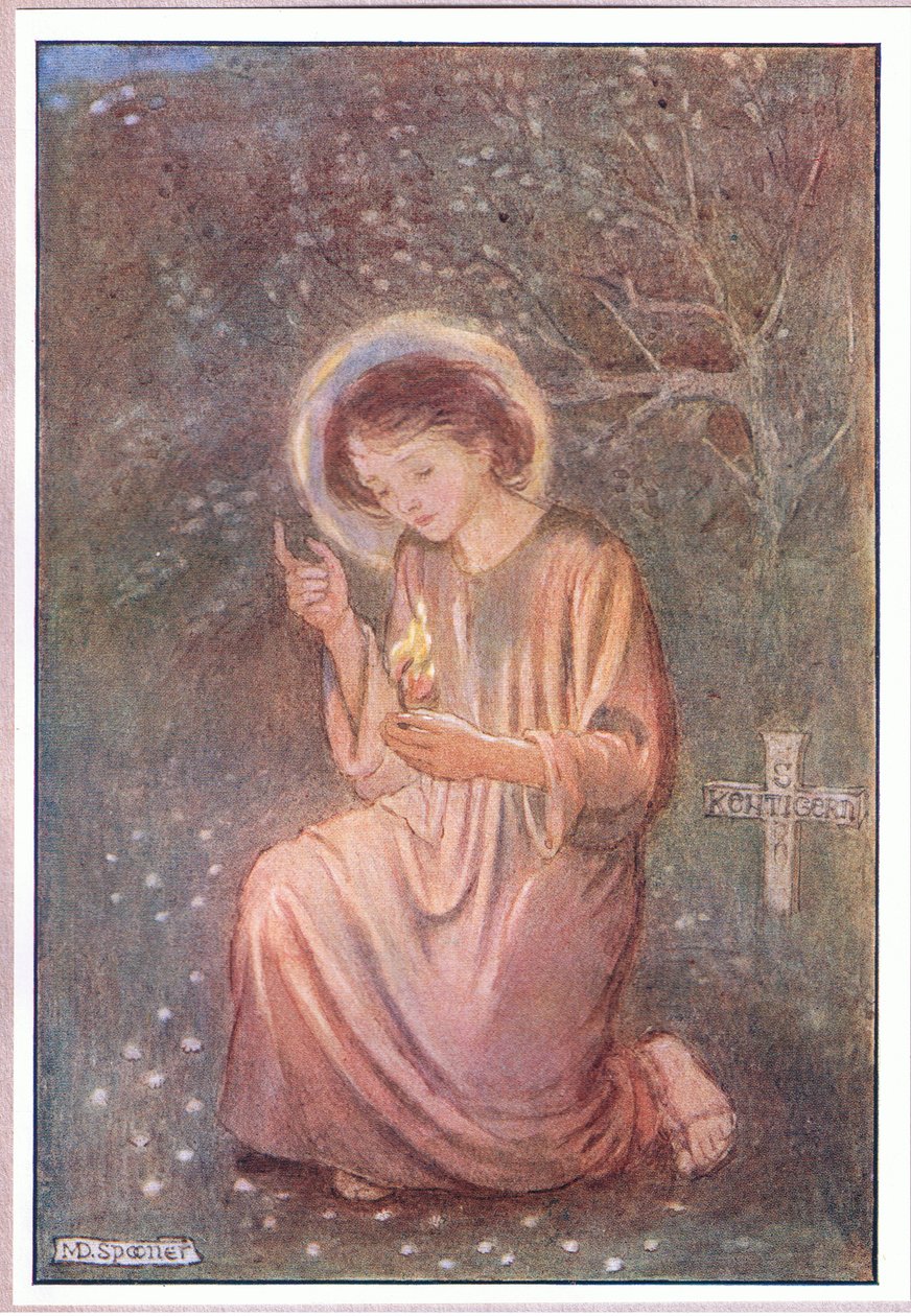 Se arrodilló sobre la hierba cubierta de rocío (litografía en color) de Minnie Didbin Spooner