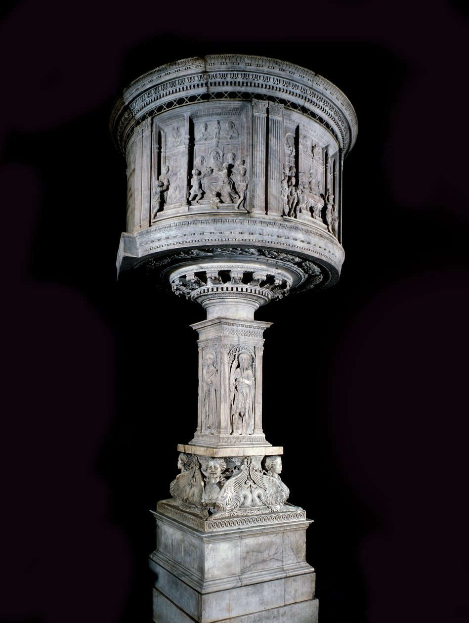 Arte renacentista: Silla de Pasquino di Matteo (1425-1485), esculpida por Mino da Fiesole (1429-1484) y Antonio Rossellino (1427-1479) (púlpito en mármol blanco (1469-1473) con relieves de Antonio Rossellino y Mino da Fiesole) de Mino da Fiesole