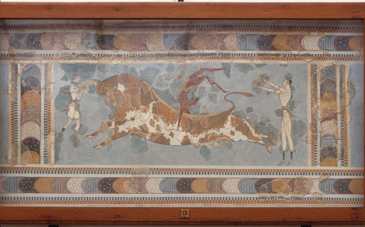 Fresco de lucha de toros, de Knossos, pintado alrededor de 1550-1450 a.C. de Minoan