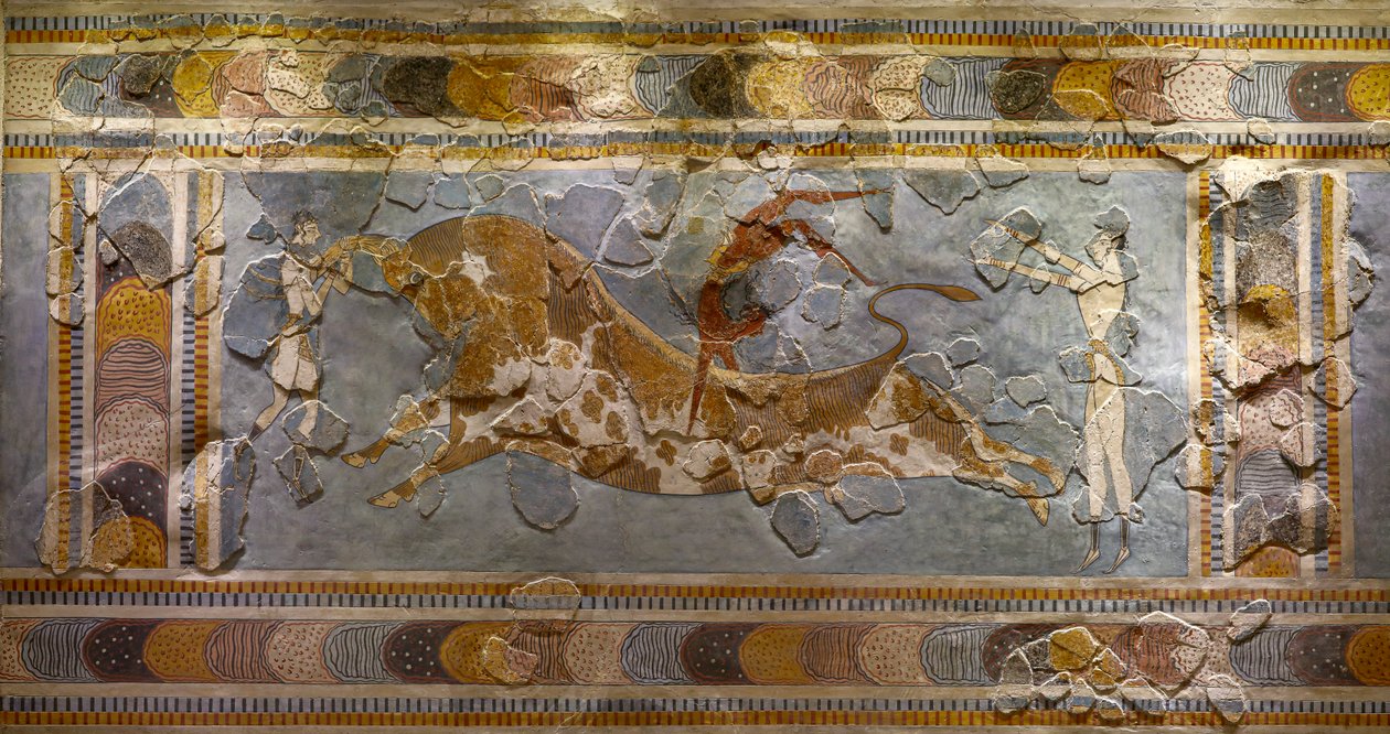 (detalle) del fresco del salto del toro. Encontrado en Knossos de Minoan