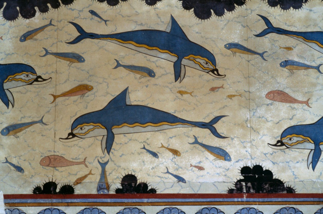 Megaron de la Reina decorado con frescos de delfines, Palacio de Knossos, Creta, Grecia, civilización minoica de Minoan