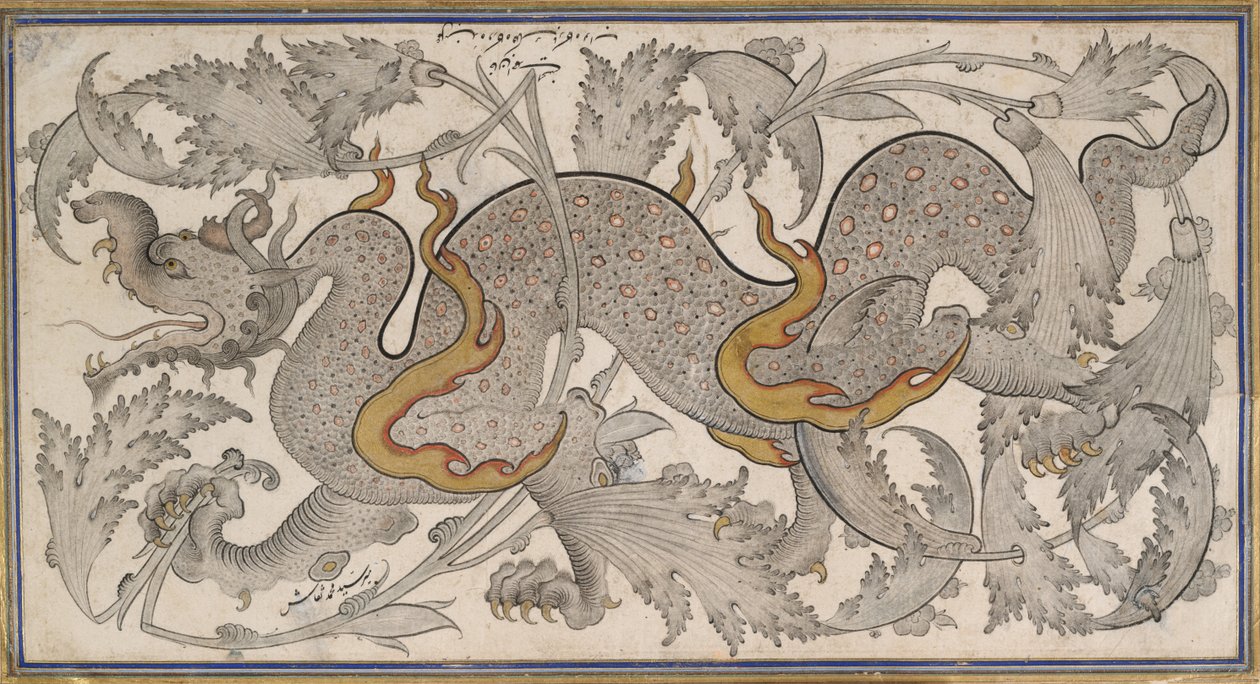 Dragón en follaje (dibujo, recto); caligrafía, (verso) de Mir Sayyid Muhammad Naqqash