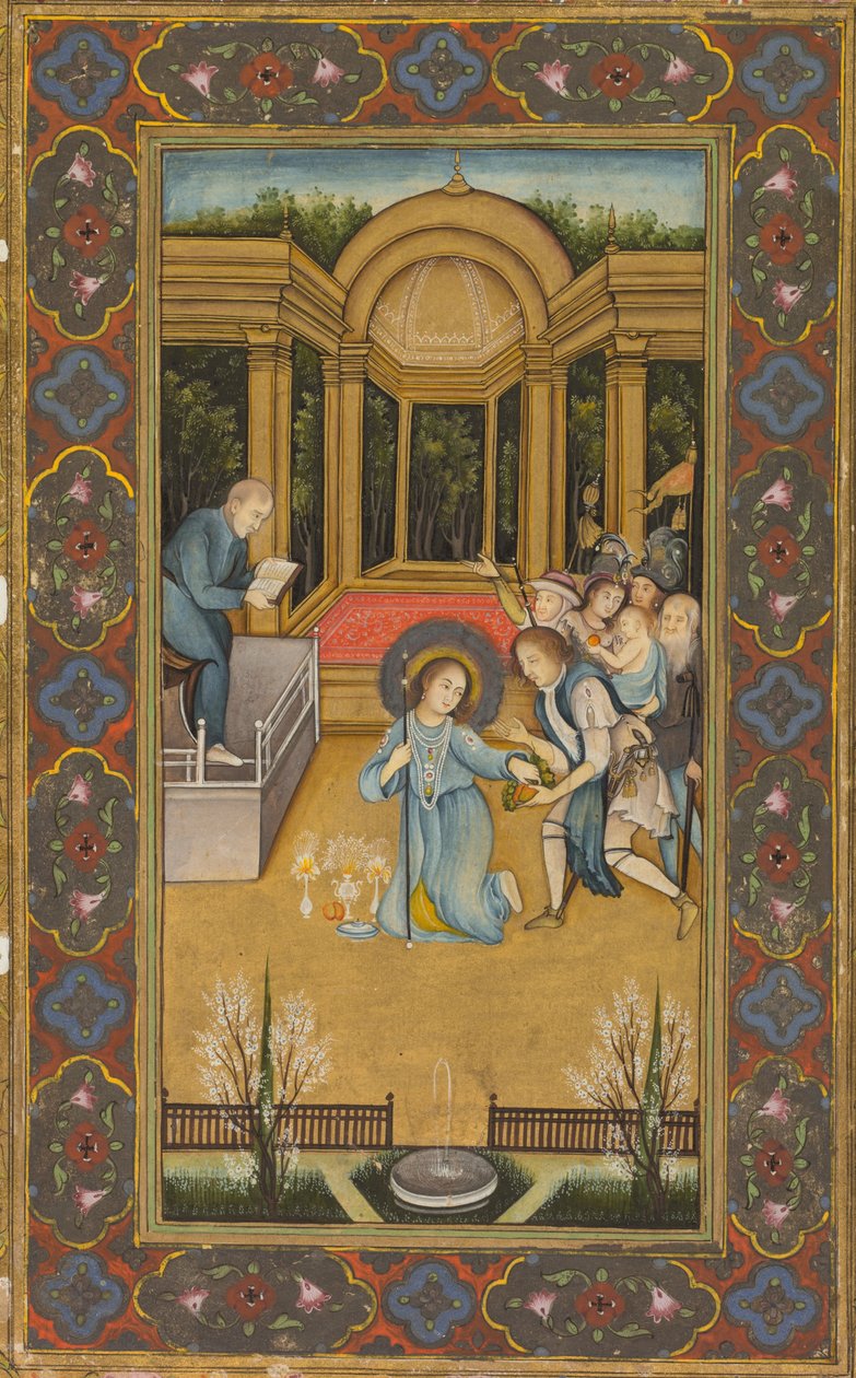 Jesús entre los doctores en el Templo, c. 1760 (acuarela opaca con oro sobre papel, bordes florales en colores sobre fondo dorado) de Mir Kalan Khan