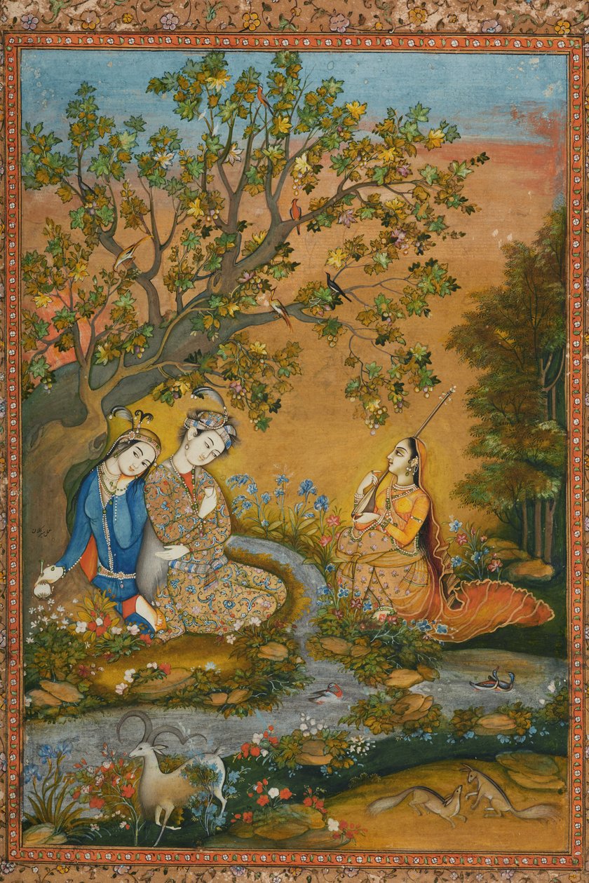 Miniatura pegada en una hoja de álbum. Amantes en un paisaje de Mir Kalan Khan