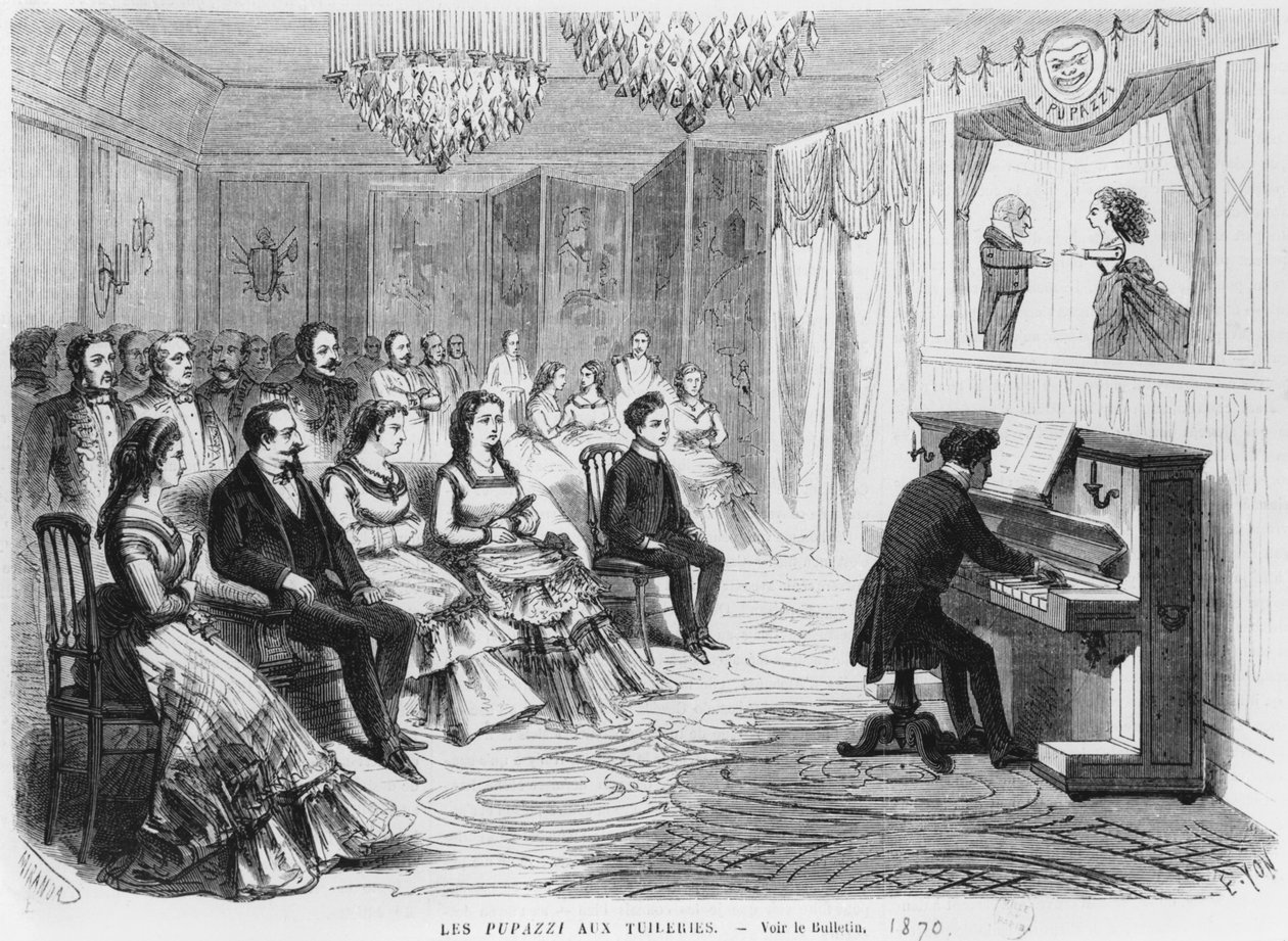 El espectáculo de marionetas I Pupazzi actuando frente al Emperador Napoleón III, la Emperatriz Eugenia y el Príncipe Eugenio Luis Napoleón Bonaparte en las Tullerías, grabado por Edmond Yo de Miranda
