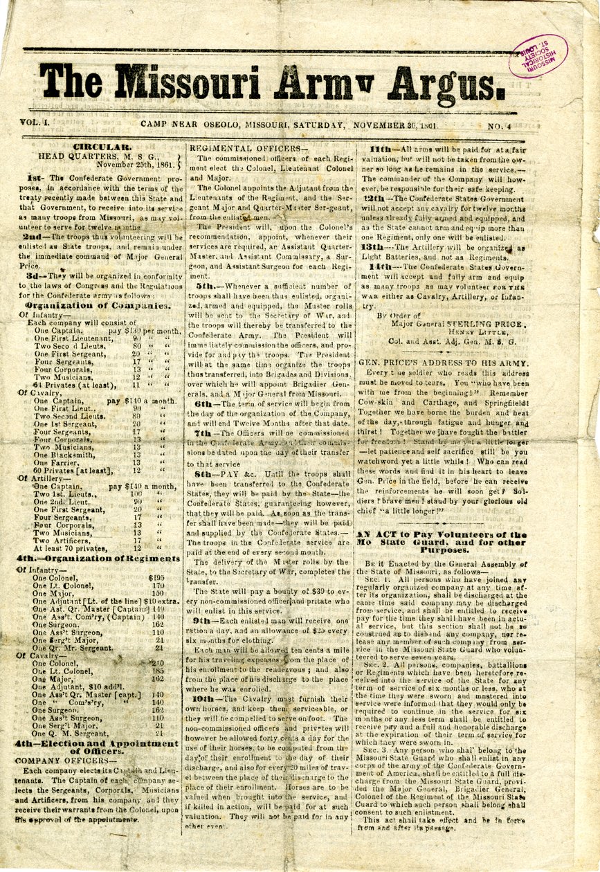 Incluye circulares impresas y cartas, una proclamación y un mensaje a las mujeres de Missouri de Missouri Army Argus