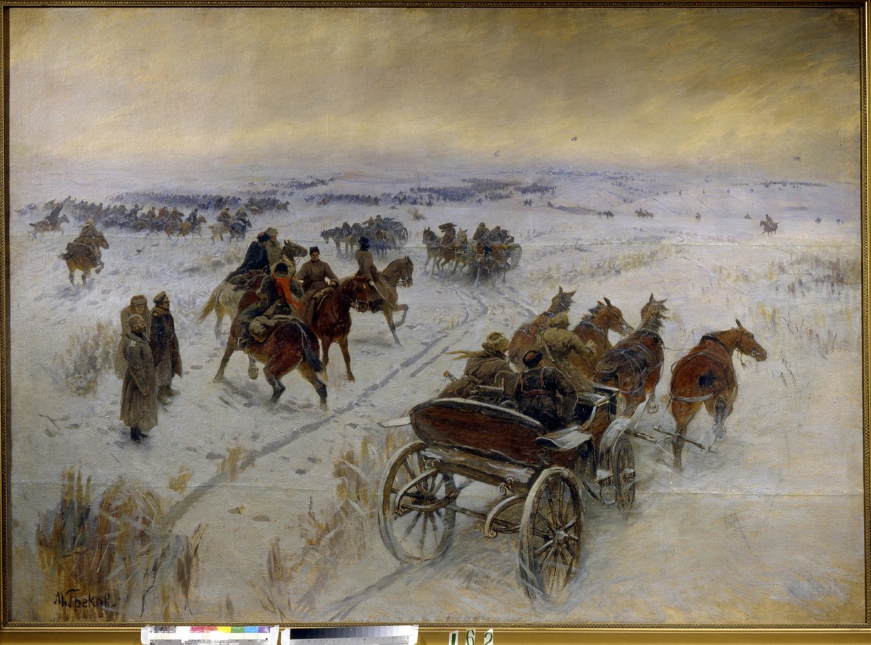 La batalla en Yegorlykskaya (Rusia). Episodio de la Guerra Civil Rusa (1917-1923), enfrentamiento de la caballería del Ejército Rojo y el Ejército Blanco, en las llanuras nevadas. Pintura de Mitrofan Borisovich Grekov (1882-1934), óleo sobre lienzo de Mitrofan Borisovic Grekov