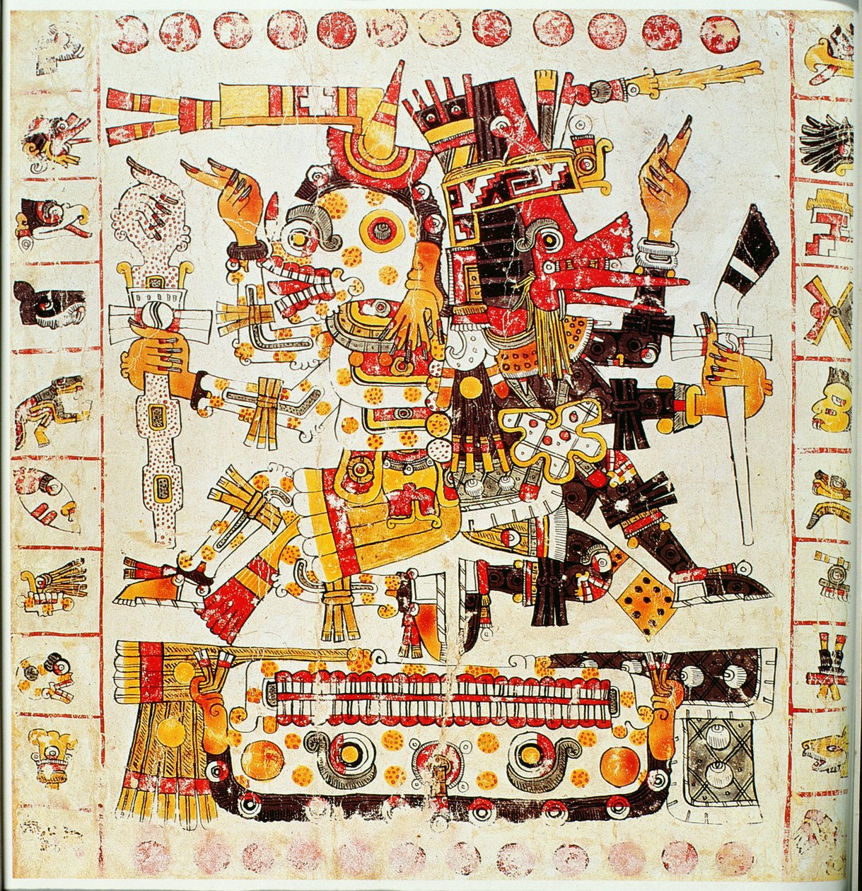 Copia facsímil de una página del códice Borgia que representa a los dioses de la Muerte y la Vida colocados uno al lado del otro de Mixtec