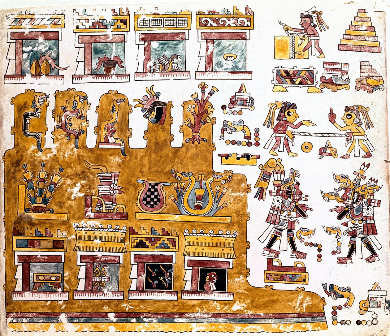 Civilización mixteca: Códice mixteco con ilustraciones de actividades frente a un templo - Arte precolombino, civilización mixteca: escenas de la vida cotidiana frente a un templo - Detalle de una copia del Códice Vindobonensis o códice vienés enviado por  de Mixtec Mixtec