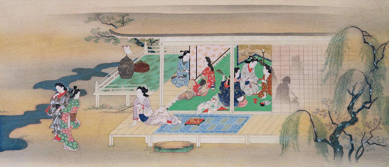 Velada musical durante una noche de luna en junio, ilustración de la revista Kokka, publicada en 1905-6 de Miyagawa Chōshun