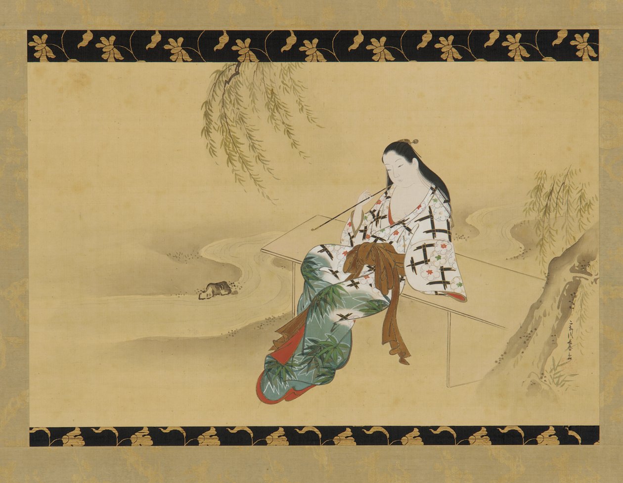 Paisaje: una yujo sentada en un banco, siglo XVIII de Miyagawa Chōshun
