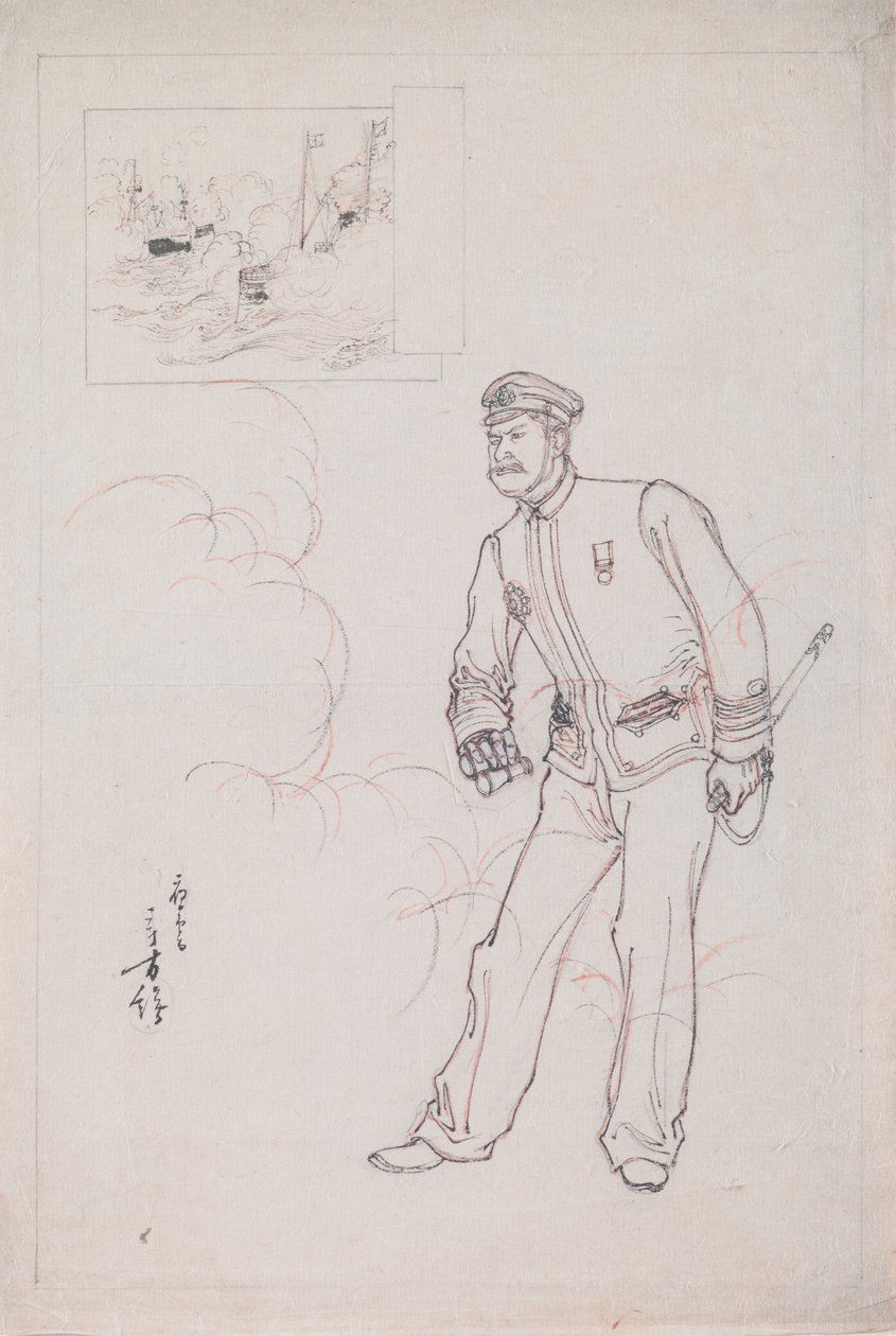 Dibujo preparatorio para un grabado en madera que representa a un oficial naval japonés durante la guerra chino-japonesa de Mizuno Toshikata