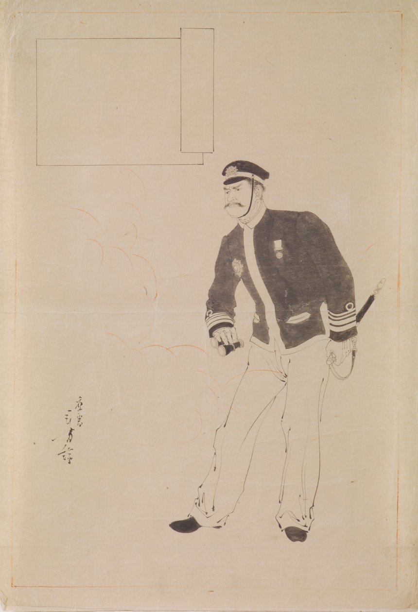 Dibujo preparatorio para un grabado en madera que representa a un oficial naval japonés durante la guerra chino-japonesa de Mizuno Toshikata