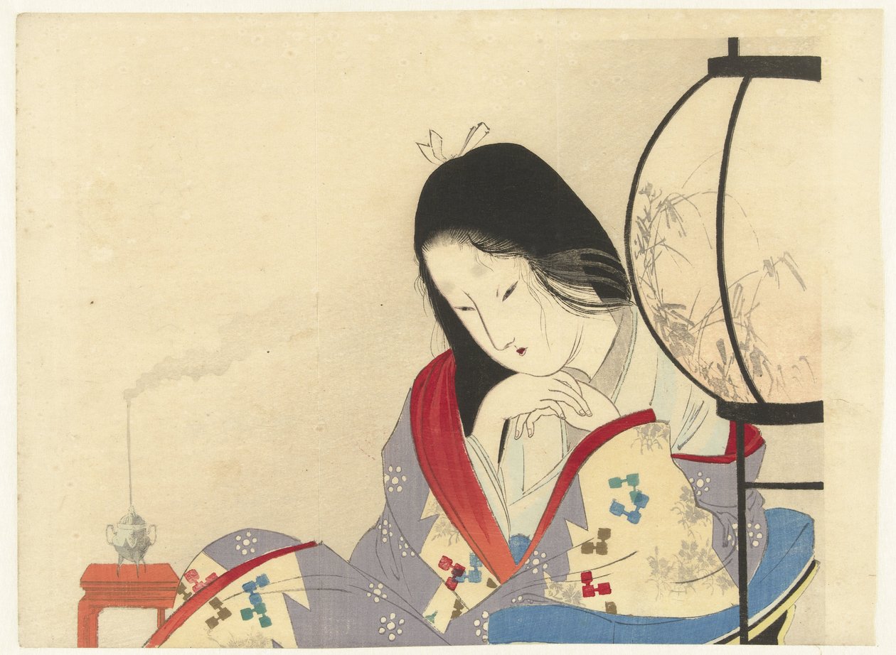 mujer, por, un, lámpara, en, interior de Mizuno Toshikata