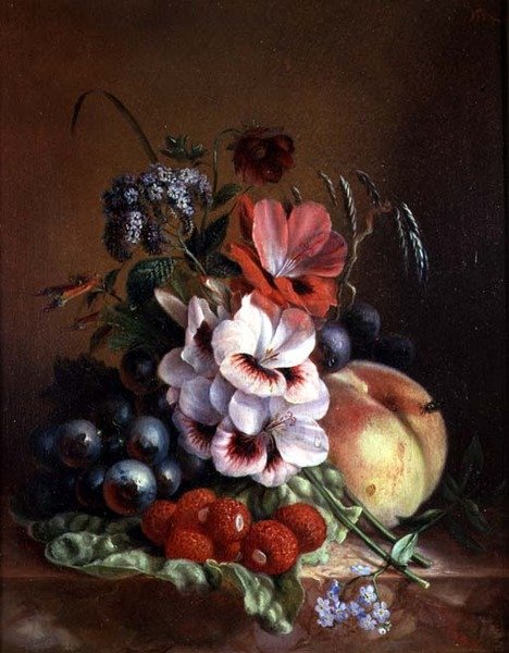 Naturaleza muerta de frutas y flores de Mme. A. van Ravensway