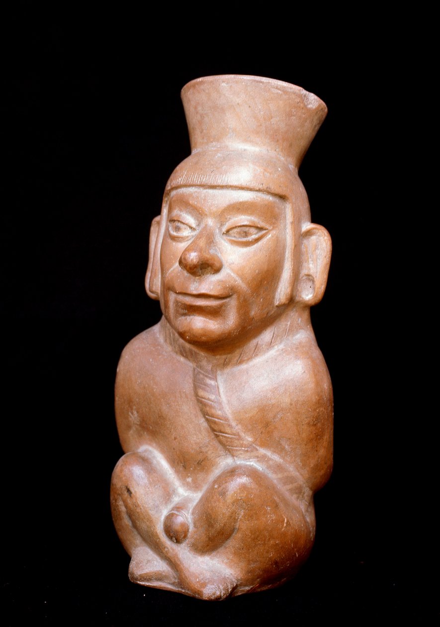 Arte precolombino, civilización Mochica: botella antropomorfa de terracota que representa a un prisionero antes de su sacrificio (lleva una cuerda alrededor del cuello y sus manos atadas en la espalda). 200 a.C.-700 d.C. de Moche Moche